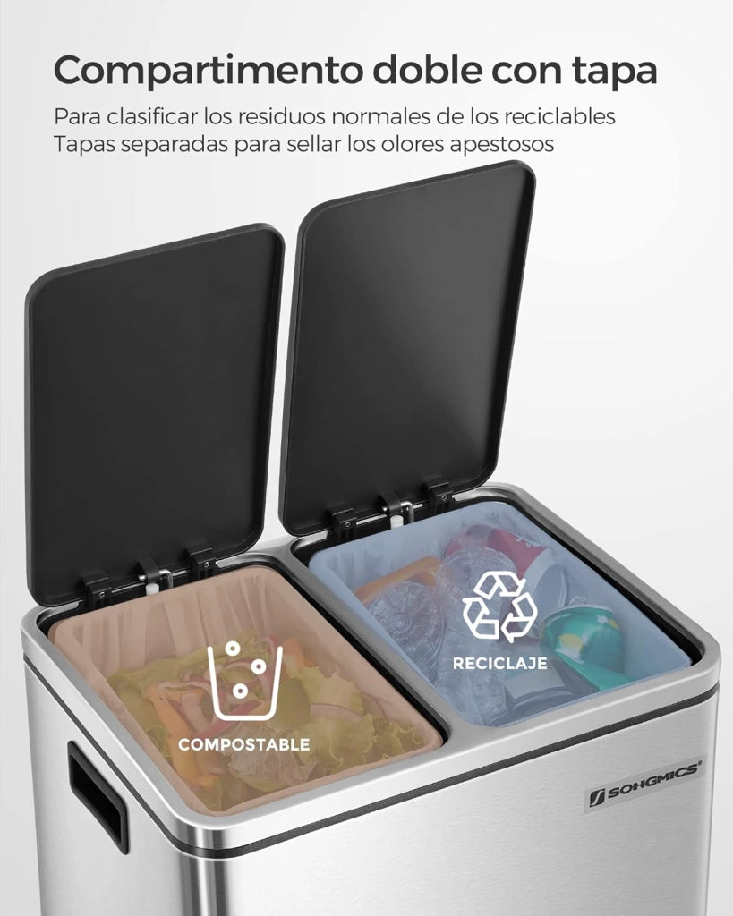 SONGMICS Cestino da Cucina, Doppio Secchio 2 x 15L per Raccolta Differenziata, Pattumiera a Pedale, Coperchi a Chiusura Morbida, Acciaio, Argento Metallizzato e Nero Inchiostro LTB30H