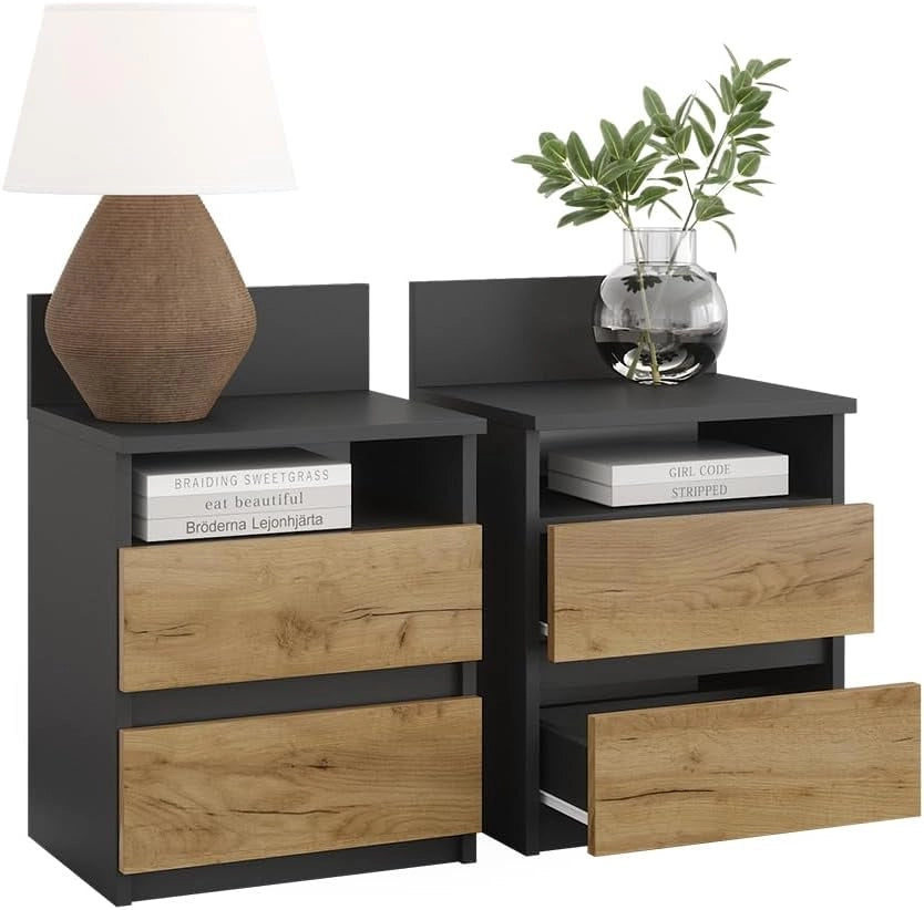 Comodino camera da letto Monty, Antracite/quercia dorata, Set di 2, per riporre oggetti di uso quotidiano in camera da letto