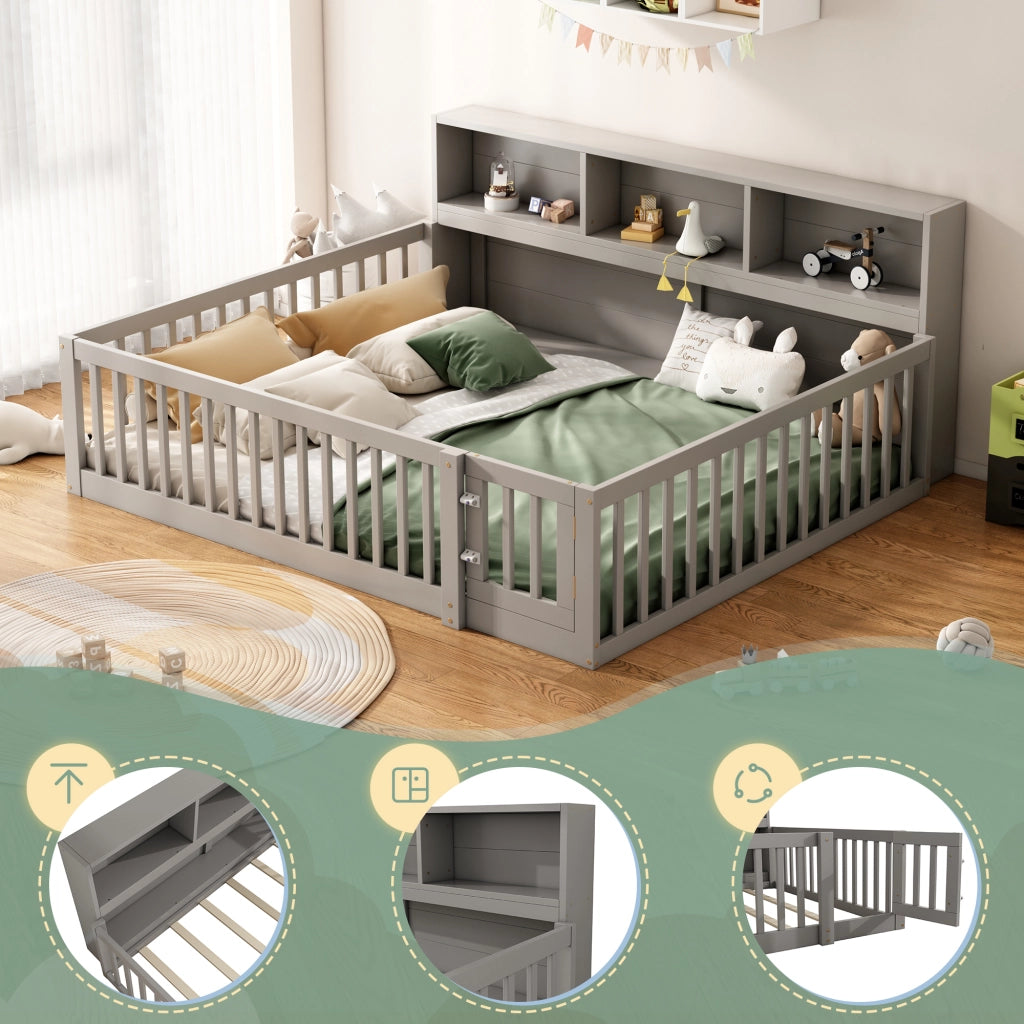 Divano letto 140×200 cm; letto matrimoniale con vani laterali; barriera di sicurezza; senza materasso; in legno di pino e MDF; grigio