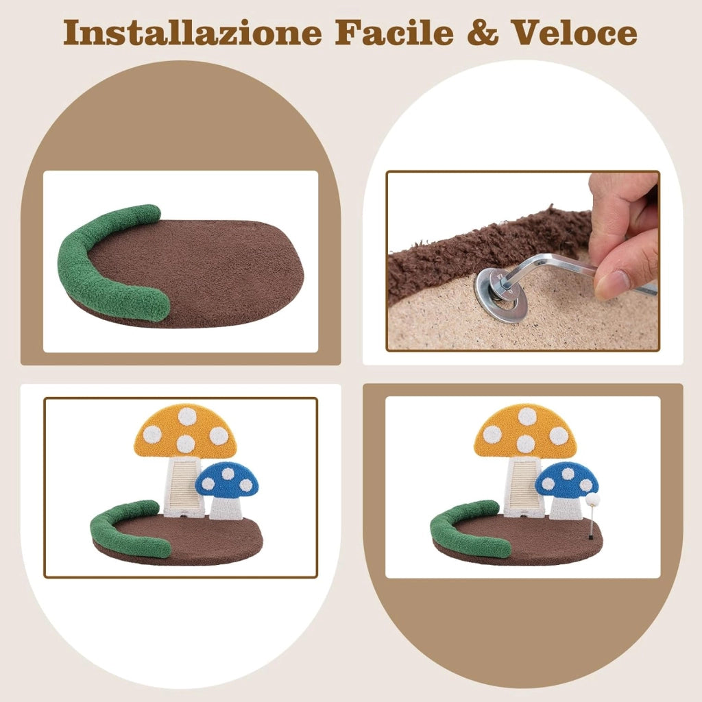 Tiragraffi per Gatti a Forma di Fungo, Lettino Moderno in Sisal con Piattaforma Ampia e Confortevole,Pallina e Poggiatesta Imbottito, Cuccia Gatti Interno