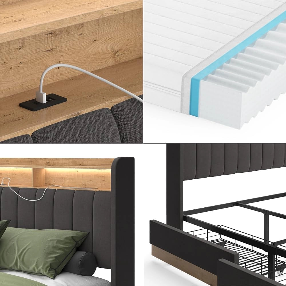 Letto imbottito Nura, Antracite, 180x200 cm con materasso, con porta di ricarica USB, illuminazione LED e telecomando