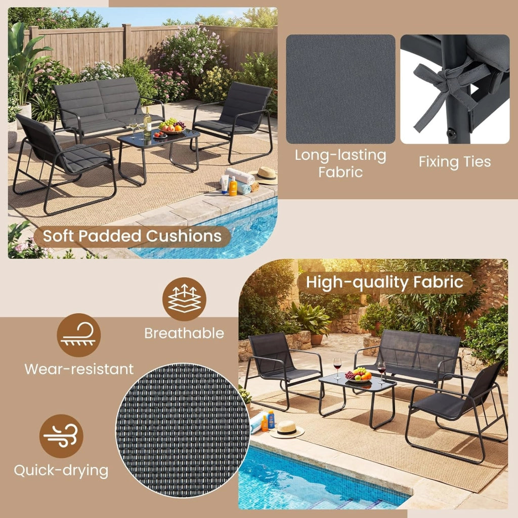 Set Mobili da Giardino 4 Posti con Tavolino e 2 Sedute, Sedie con Cuscini Rimovibili, Ideale per Balcone, Giardino e Piscina