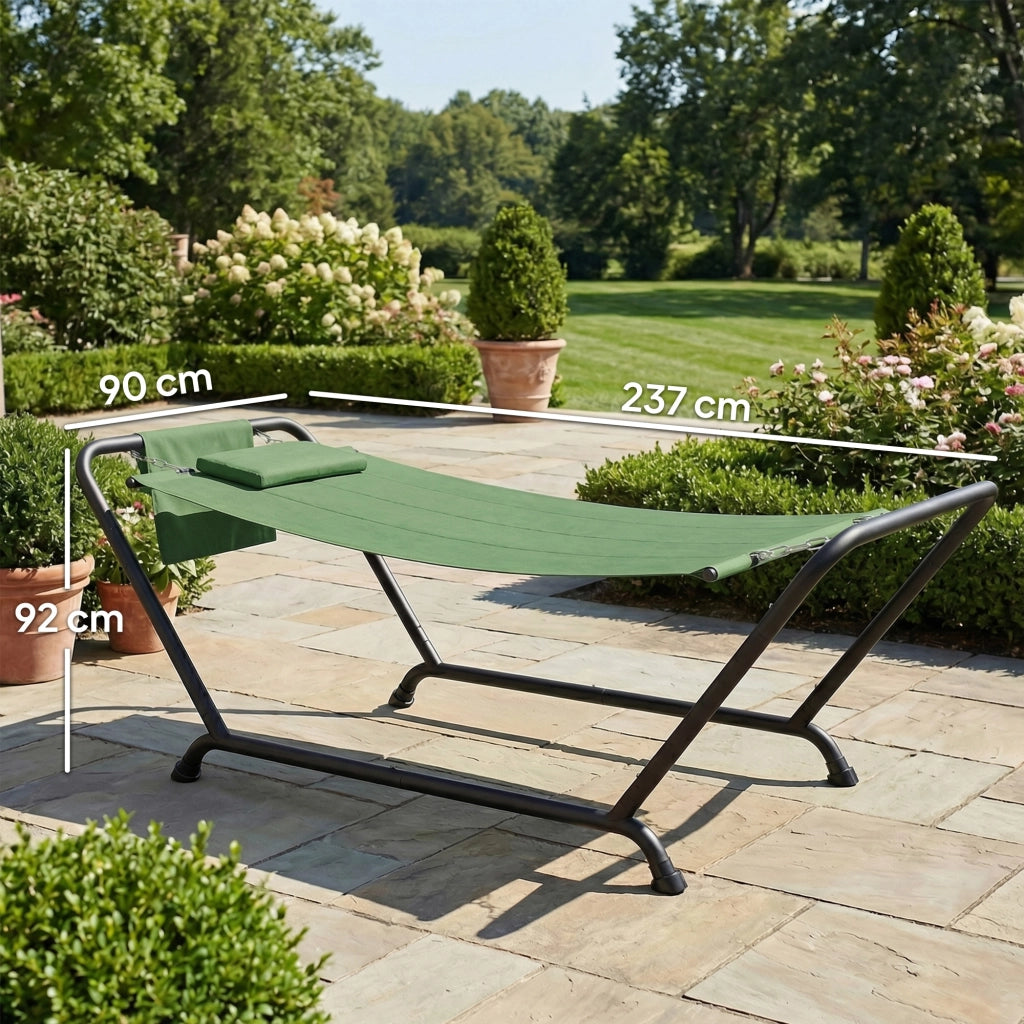 Amaca da Giardino 237x90x92 cm con Supporto Tasca Laterale e Poggiatesta in Metallo e Poliestere Verde Scuro