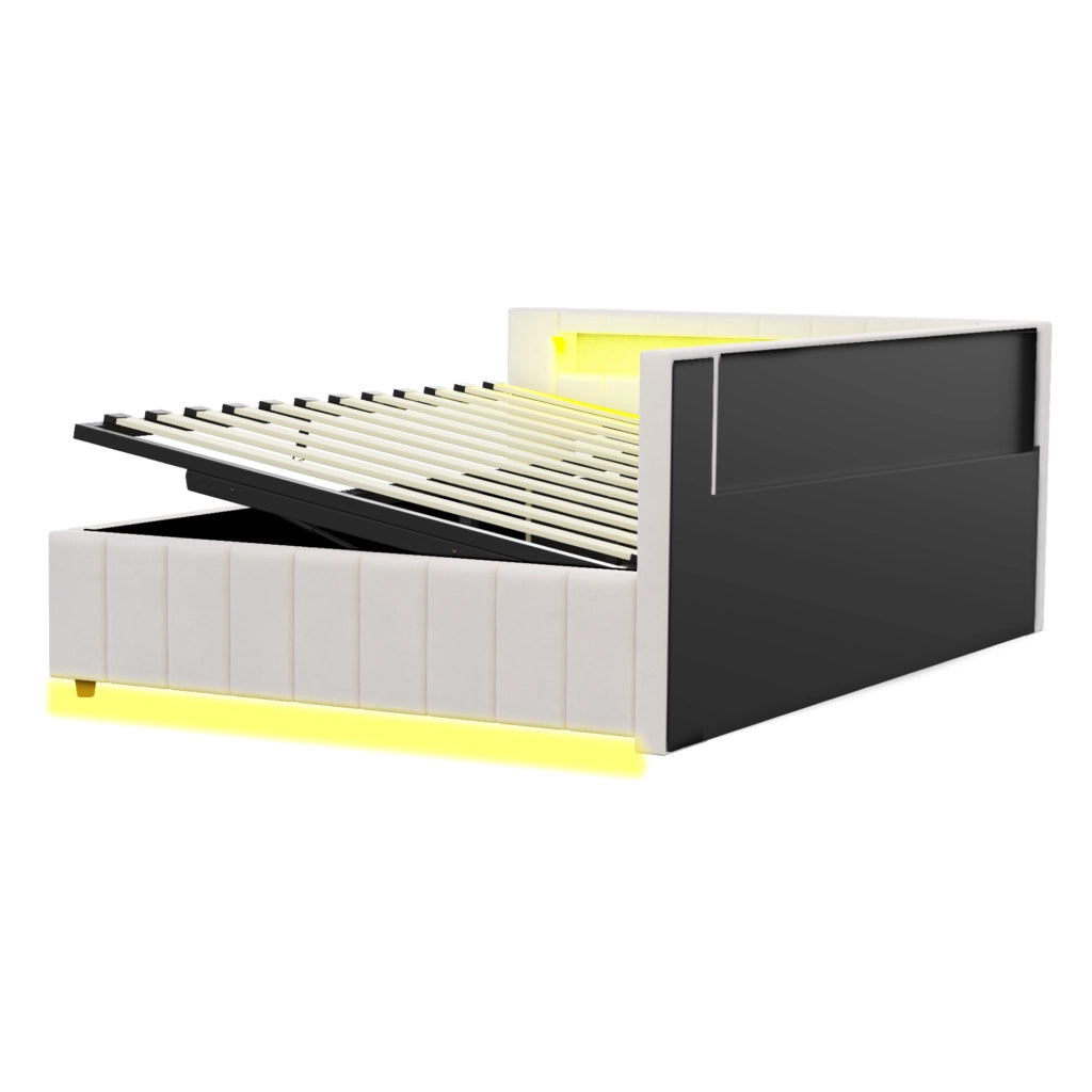 Letto imbottito 140 × 200 cm con contenitore idraulico LED USB testiera e schienale in velluto beige