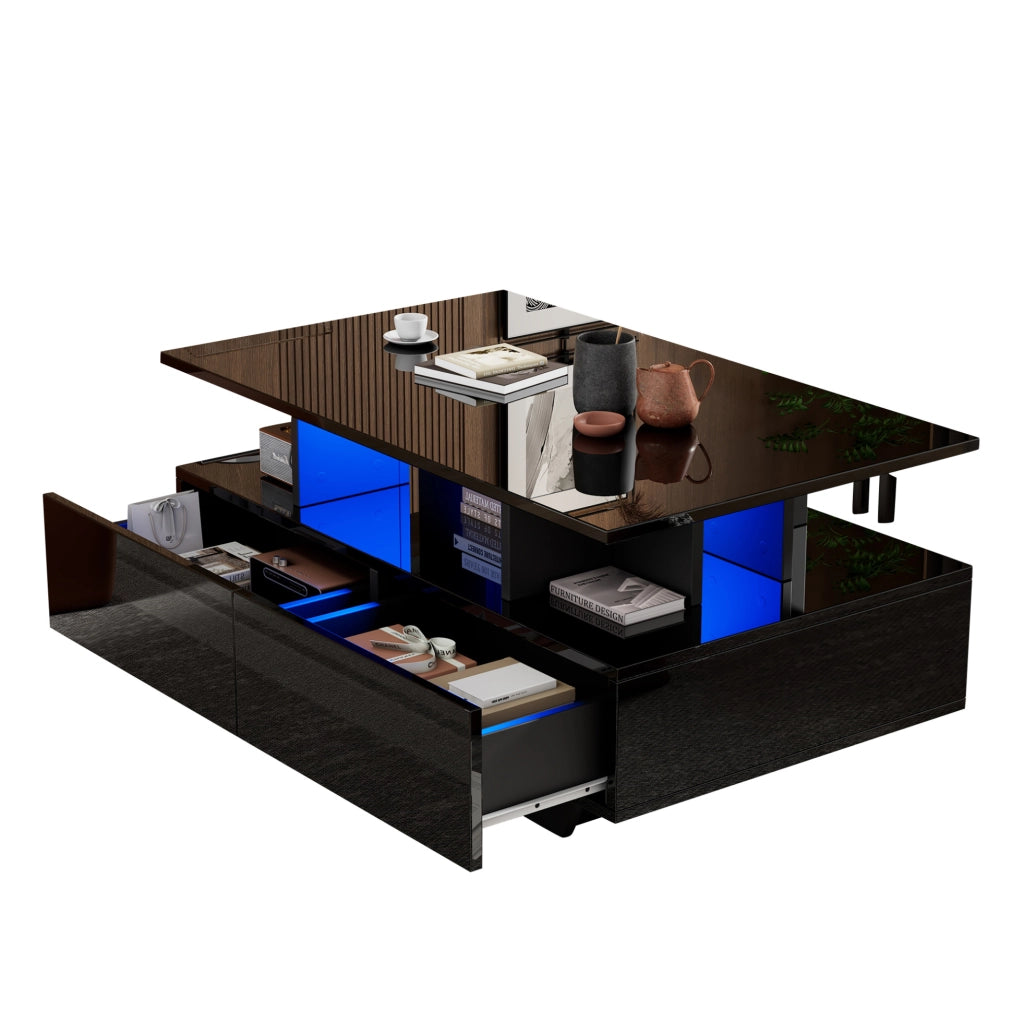 Tavolino da caffè moderno lucido con LED e 2 cassetti 90x55x41 cm; nero