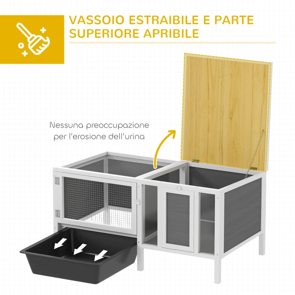 Conigliera da Esterno 105x57,5x51,5 cm con Casetta Area di Corsa e Vassoio in Legno Metallo e PET Grigio