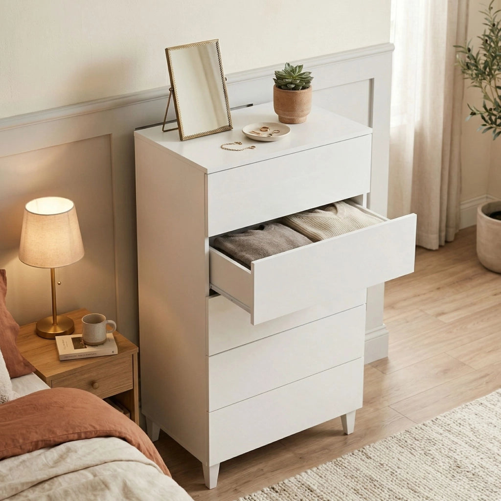 Cassettiera Aaron, Settimanale a 5 cassetti, Mobile ComÒ² per camera da letto, Settimanale moderno, cm 61x40h117, Bianco