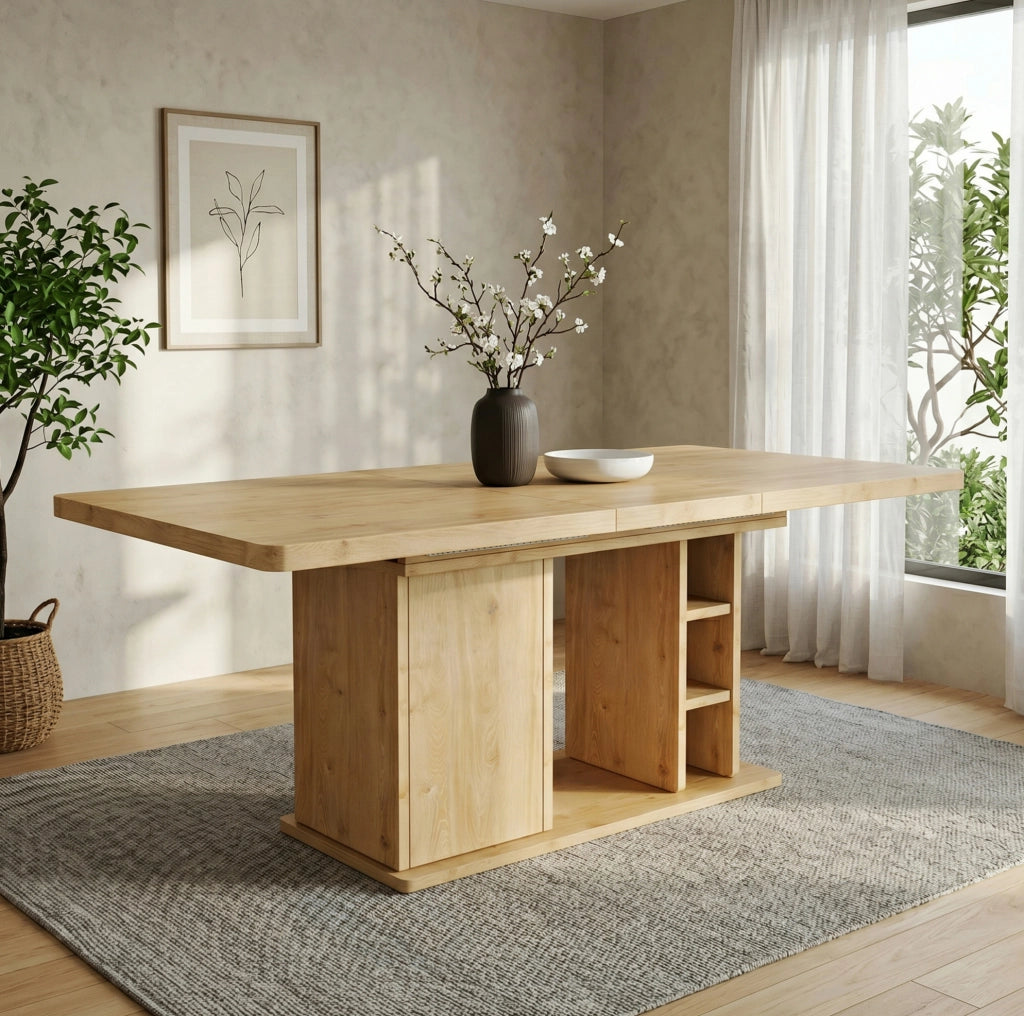 Tavolo da pranzo allungabile 180x80x75 cm con vano contenitore in MDF color rovere