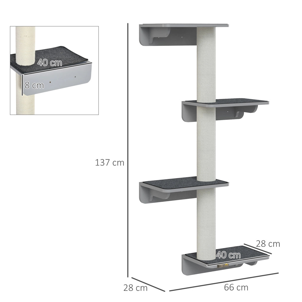 ALBERO RICREATIVO DA PARETE PER GATTI 66x28x137 cm MDF Grigio Chiaro