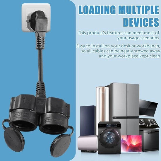 Cavo di estensione con prese Schuko e scatola di connessione multipla per interni ed esterni - 16A / 250V - Adattatore di rete 2-in-1 - Nero - Per uso domestico, ufficio e cucina