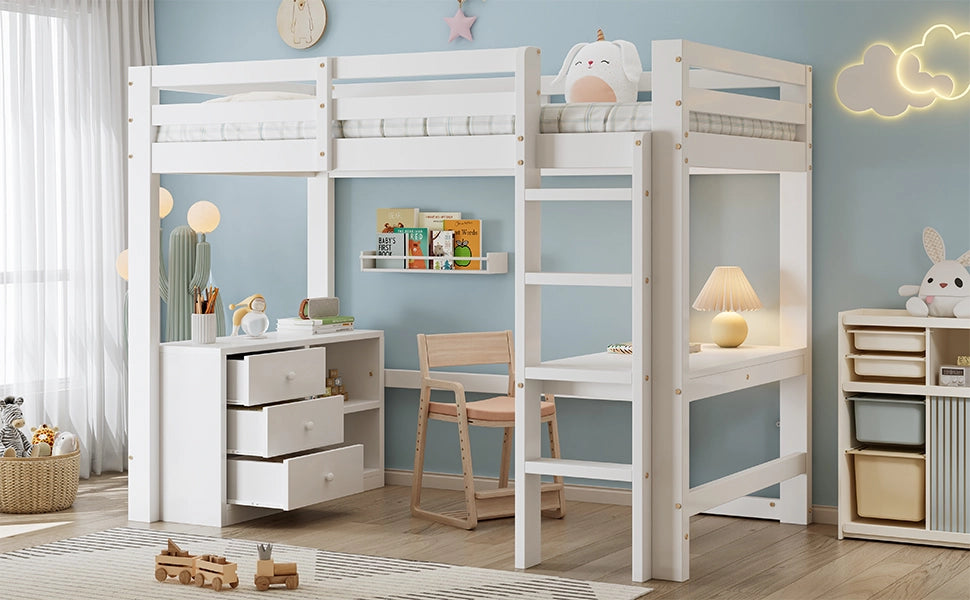 Letto a castello bianco con scrivania cassetti e scaffale in legno di pino e MDF 90x200 cm