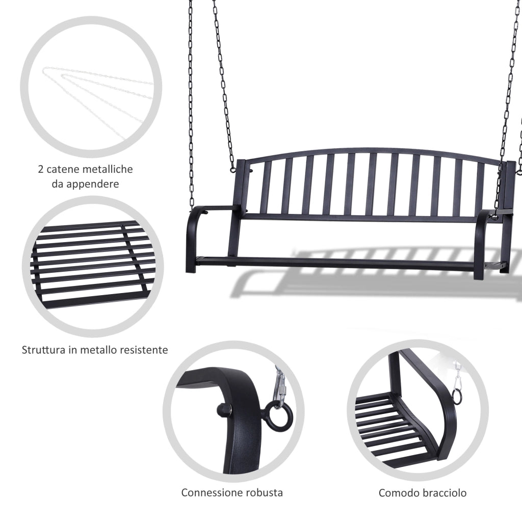 Dondolo Sospeso da Giardino con 2 Posti, Romantica Panchina in Metallo Nero per Esterni, 127 x 60 x 47cm