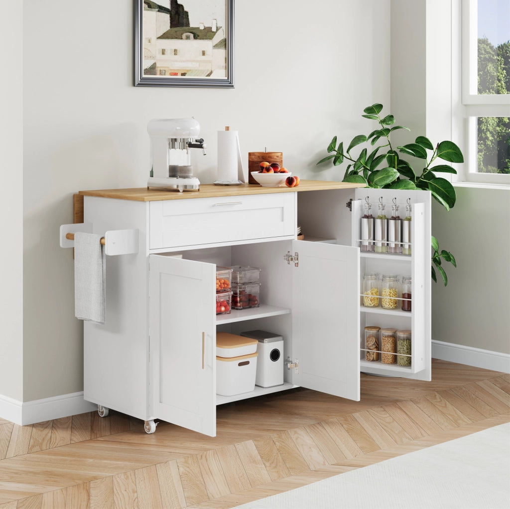 Carrello cucina mobile con piano ribaltabile, 5 ruote e armadi