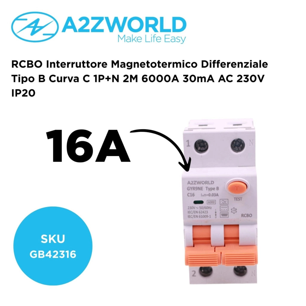 RCBO Interruttore Magnetotermico Differenziale Tipo B Curva C 1P+N 2M 6000A 30mA AC 230V IP20 Disponibili 16A 20A 25A 32A 40A (C16A)