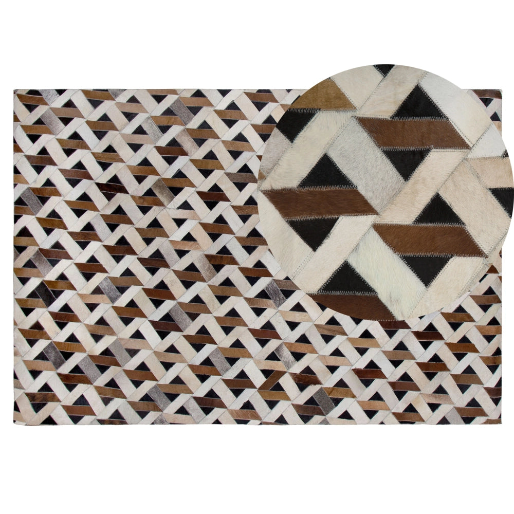Tappeto tappetino Tappeto Pelle Marrone e Grigio Motivo Geometrico 140 x 200 cm Rustic Boho