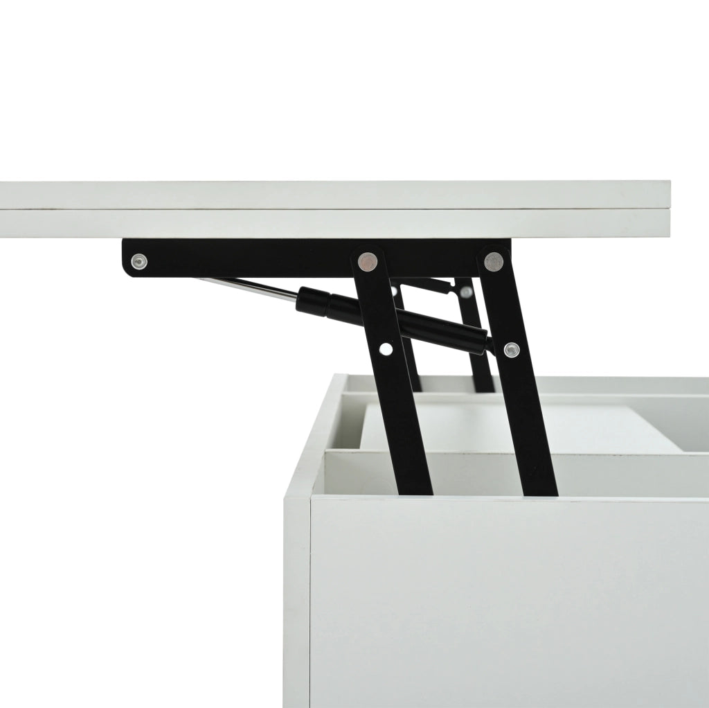 Tavolino da caffè bianco sollevabile 100×50 cm con LED, prese, USB-C e vano contenitore