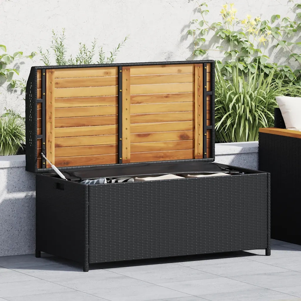 Panca Portaoggetti Nera 100x50x52 cm Polyrattan e Legno Acacia