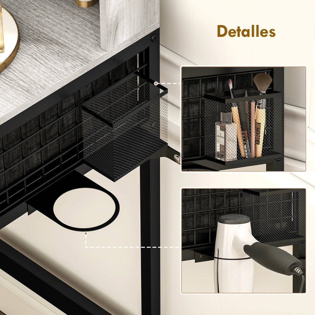 Cassettiera da trucco con specchio trittico e sgabello ¨C zephmum ¨C grigio tessuto 3 cassetti