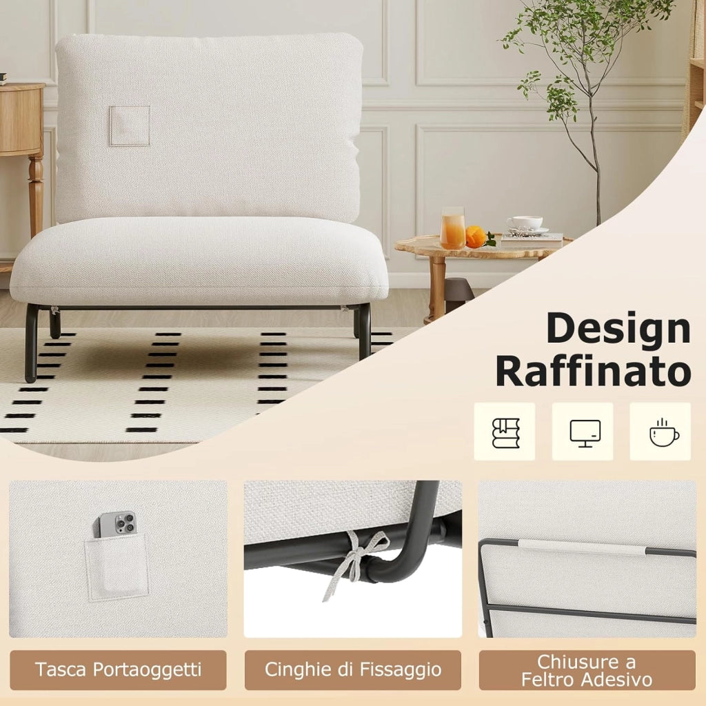 Sedia Relax, Sedia Soggiorno con Seduta Extra Larga, Tasca Portaoggetti, Poltrona con Struttura Metallica, Divano Pigro Moderno per Camera da Letto e Ufficio, Portata 250 kg (Beige)