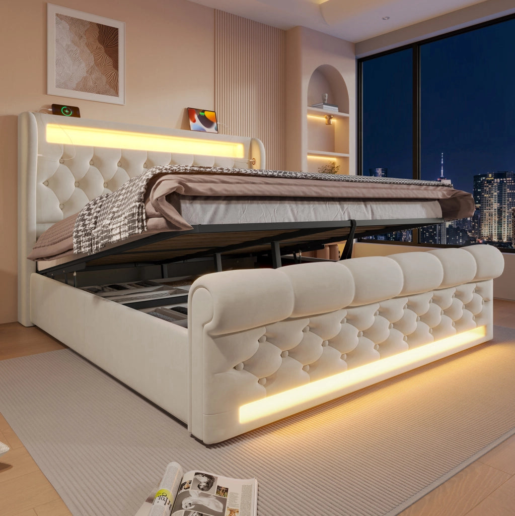 Letto imbottito con LED e ricarica integrata, 140 x 190 cm, beige