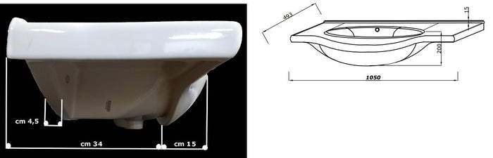 LAVABO INTEGRALE PER BAGNO IN CERAMICA PER MOBILE BASE CM.105
