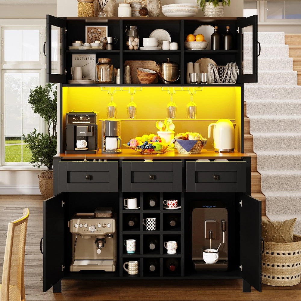 Credenza Alta con LED, USB e Prese ¨C Xylo ¨C 4 Ante, 3 Cassetti, Nero, 120x40x170