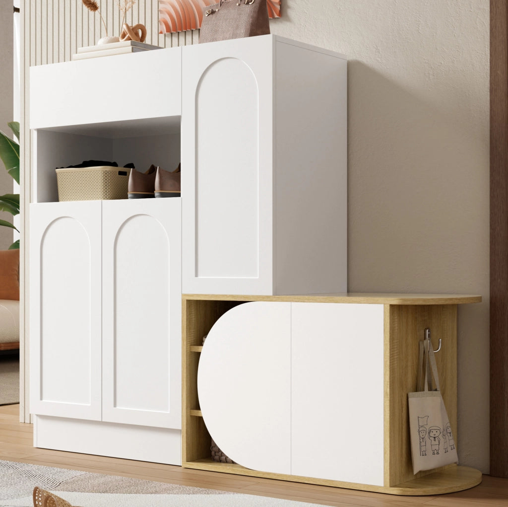 Mobile portascarpe con panca, 5 ante e cassetto, bianco