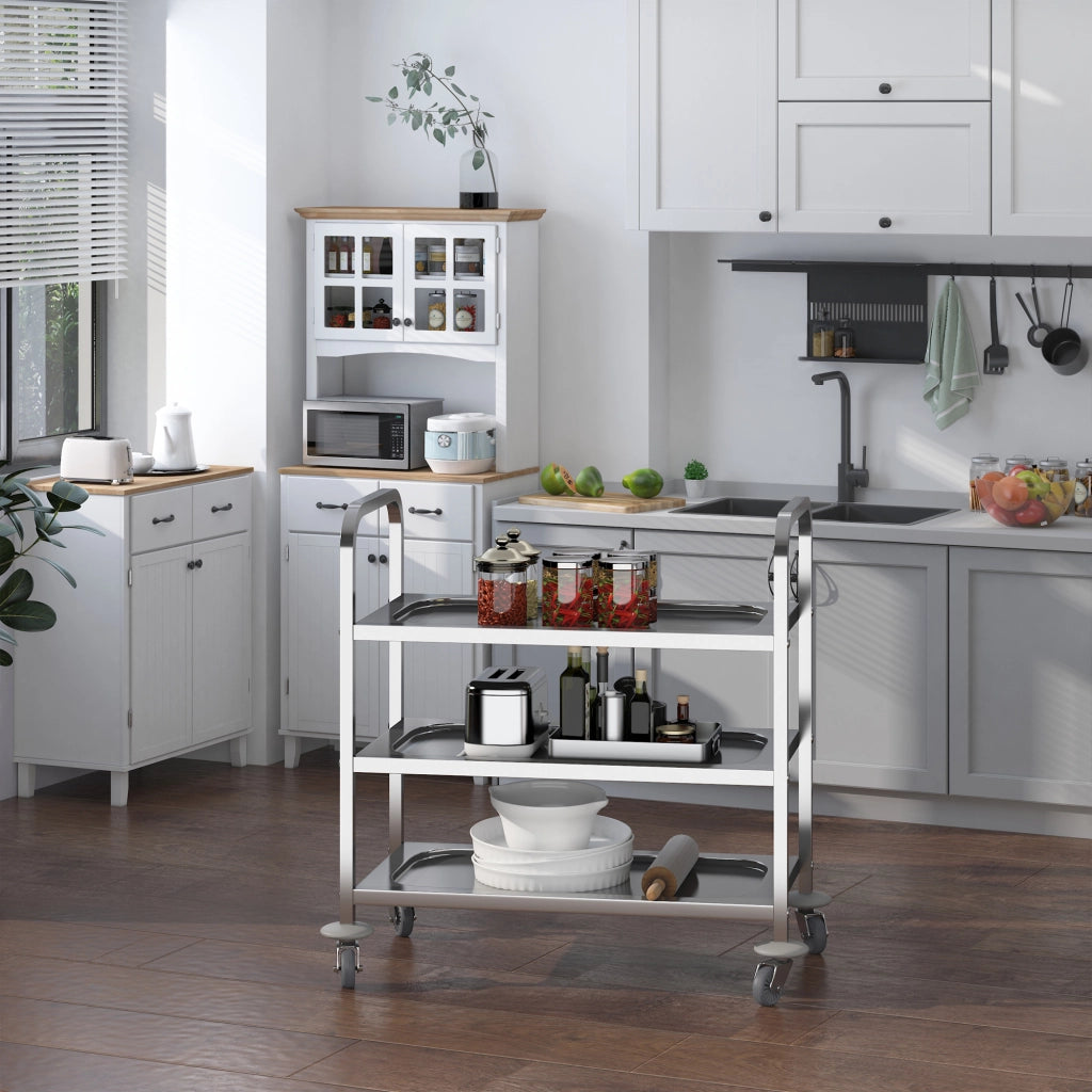 Carrello da Cucina 3 Ripiani Aperti 4 Ruote Omnidirezionali ¨C zephmum ¨C Acciaio Inossidabile Argento 90.5x50.5x88.2cm
