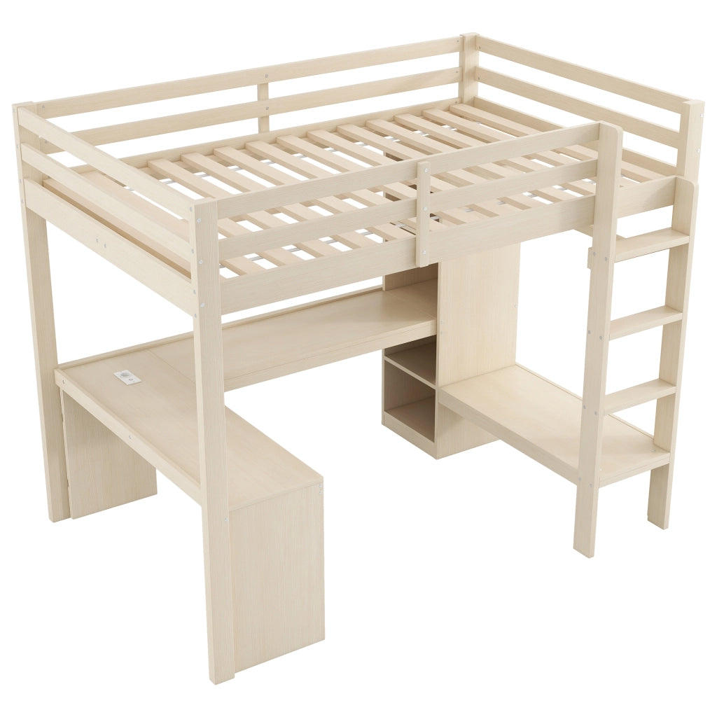 Letto a Soppalco 140x200 cm; Letto Singolo - Scrivania; LED; USB - in Legno - Naturale
