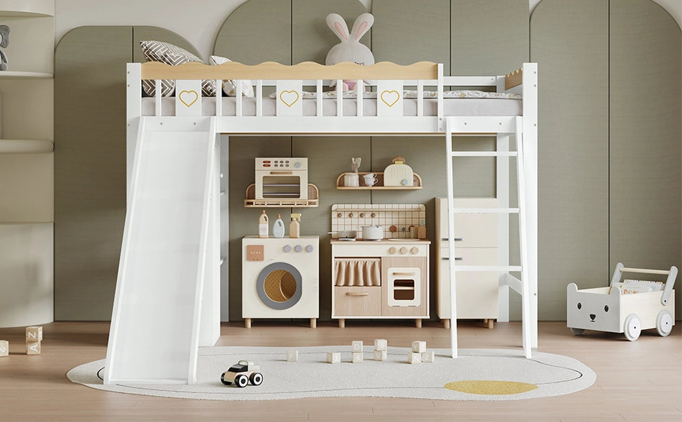 Letto a castello bianco e naturale con scivolo per bambini in legno massiccio e MDF 90x200 cm