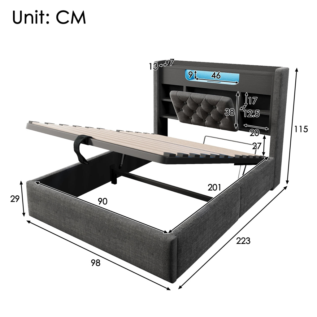 LETTO Contenitore 90x200 cm in lino grigio con LED e USB