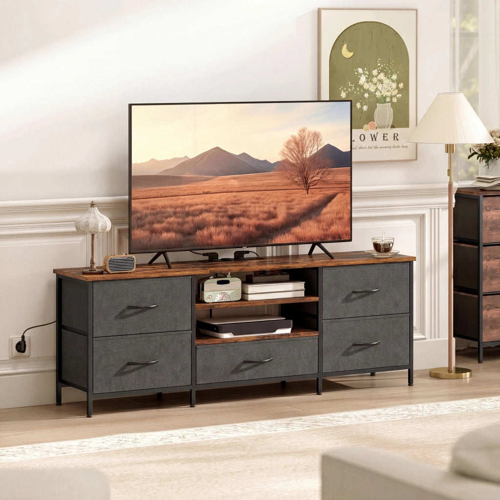 Mobile TV con 5 cassetti e stazione di ricarica ¨C zephmum ¨C marrone 140x30x50cm