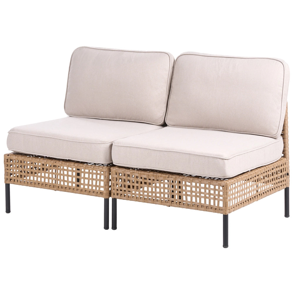 Divano da esterno in rattan PE beige chiaro a 2 posti con struttura in metallo cuscini per seduta e schienale stile moderno giardino patio