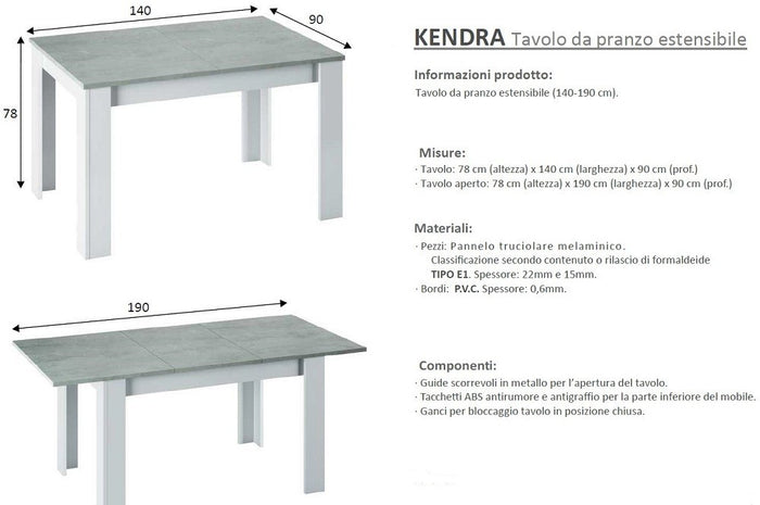 KIT TAVOLO ALLUNGABILE KENDRA CM 90X140/190X78 BIANCO / CEMENTO