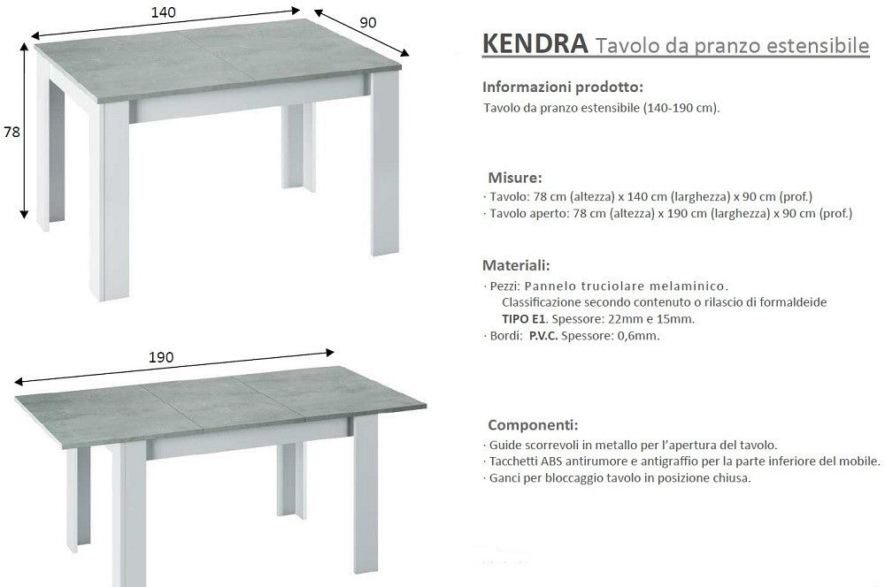 KIT TAVOLO ALLUNGABILE KENDRA CM 90X140/190X78 BIANCO / CEMENTO