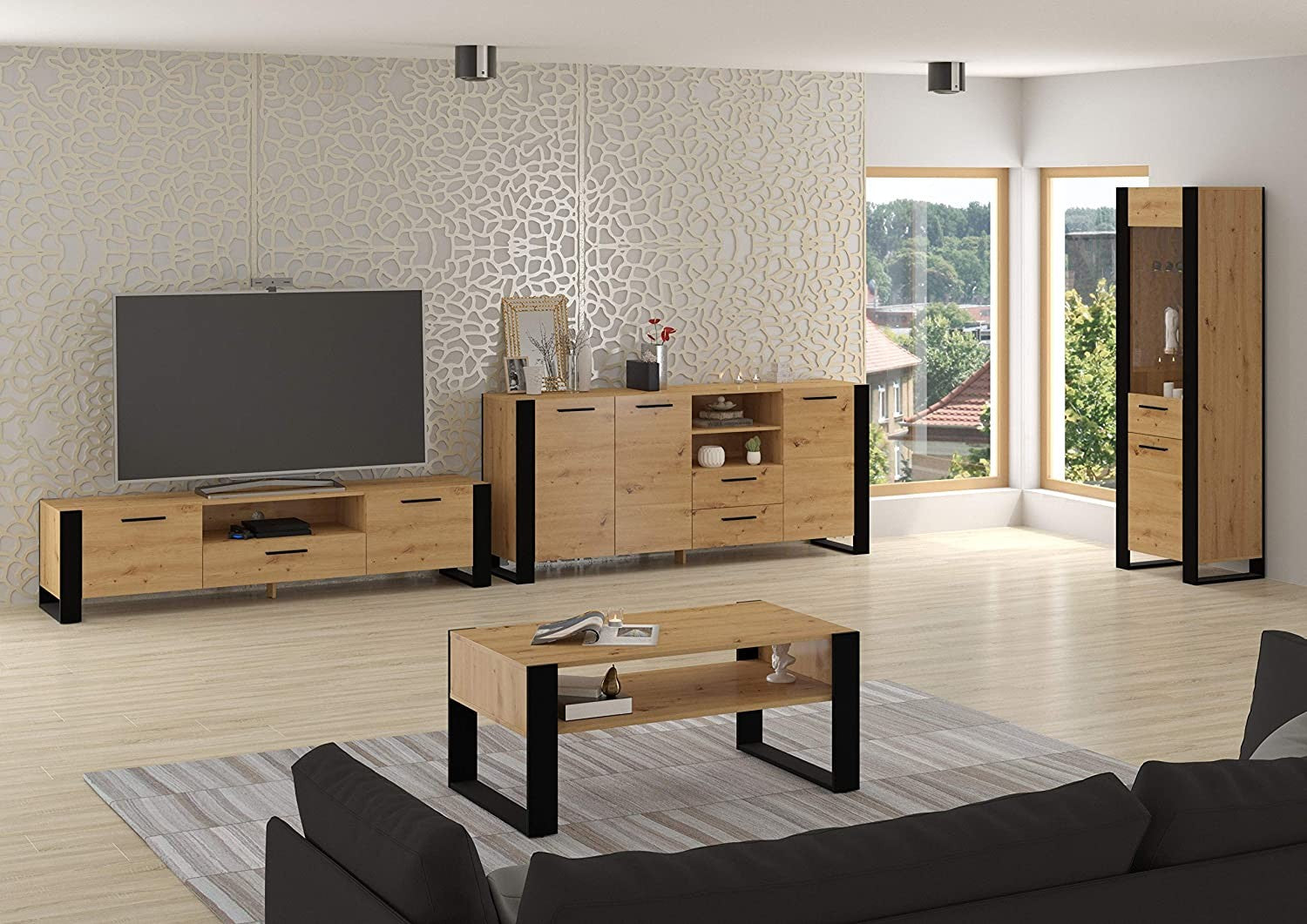 Mobile TV moderno Cm 160x43x48H coloreRovere Rustico piedi e maniglie Nero