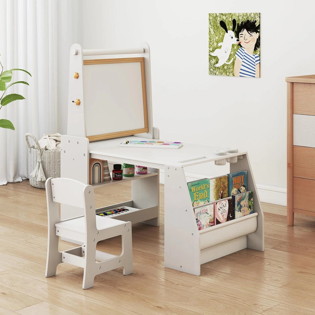 Set 3 in 1 Tavolo e Sedia per Bambini 3+ Anni, Tavolo in Legno Sicuro con Lavagna, Sedia, Lavagna Bianca, Rotolo di Carta, 2 Ripiani Aperti e Libreria a 2 Ripiani, Ideale per Disegno (Grigio)