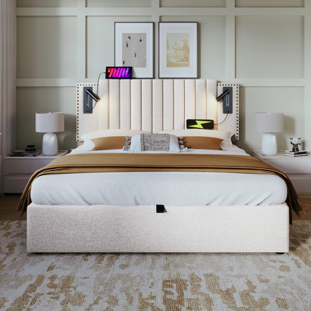 LETTO Contenitore 140x200 cm Beige con luce di lettura e USB