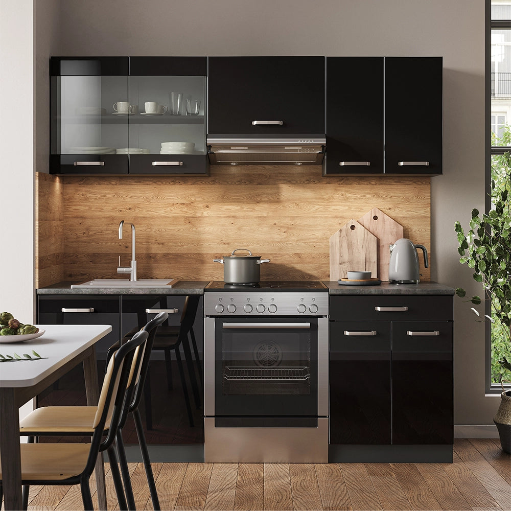 Vicco Cucina componibile Nero lucido/antracite 200 cm , PL Marmo