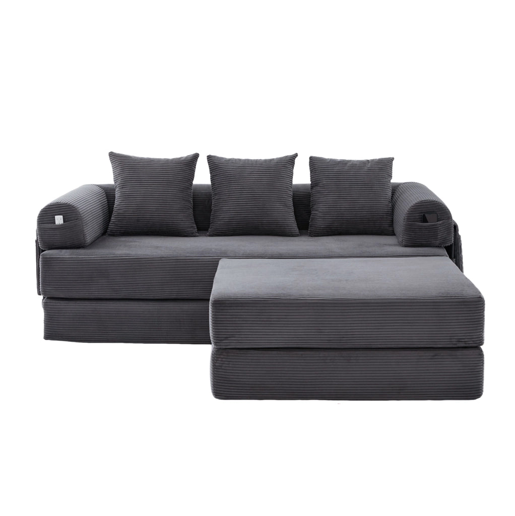 Divano modulare ULEVR con pouf 200x190x67 cm, 3 cuscini e tasca laterale, velluto a coste grigio scuro
