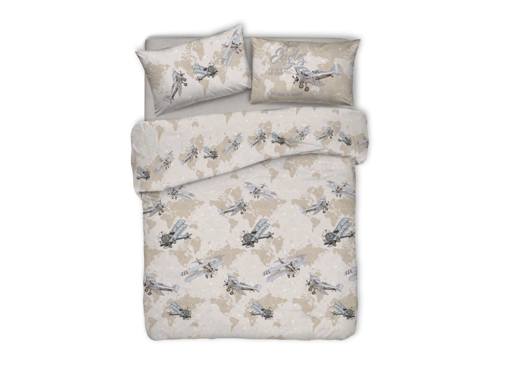 Copripiumino Sacco Piumone Pensieri Delicati Cotone Disegno Aerei - Matrimoniale - Beige