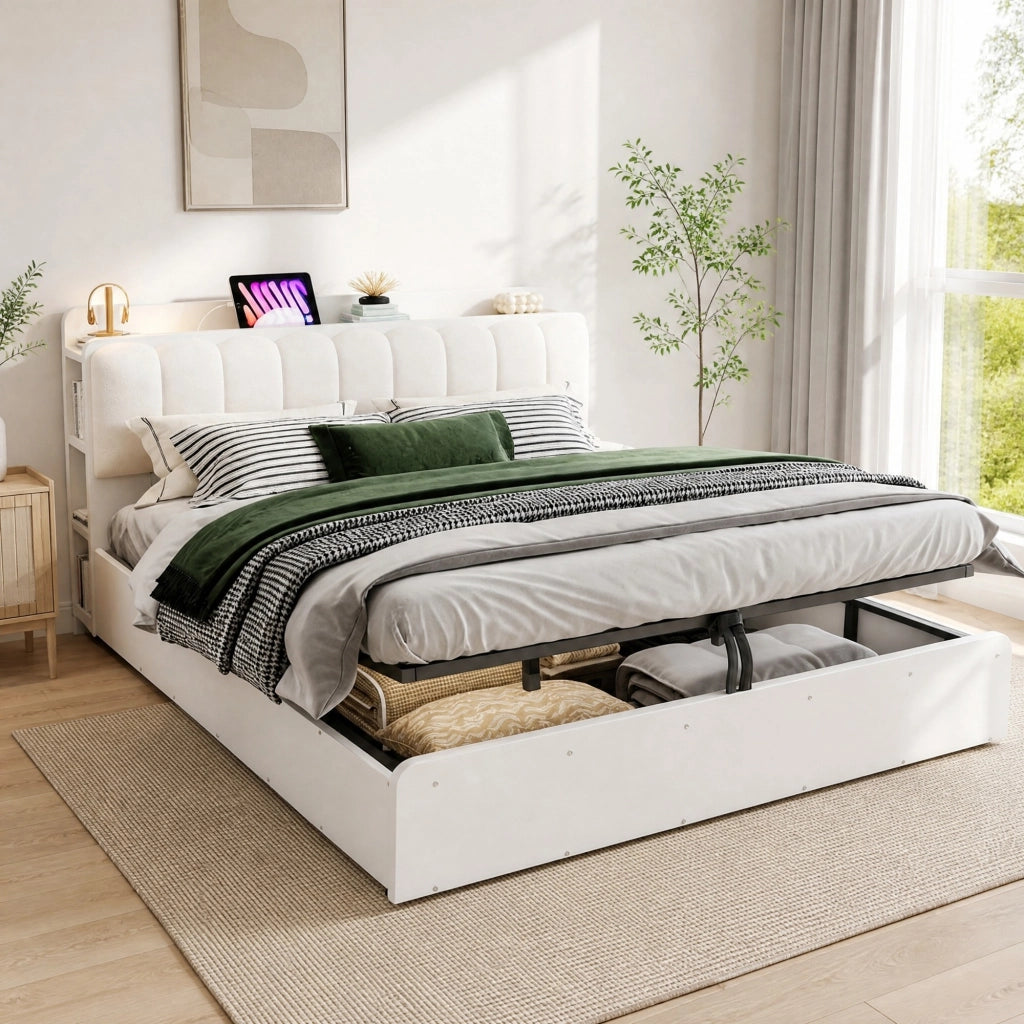 LETTO contenitore 180x200 cm in legno bianco con testiera imbottita e USB