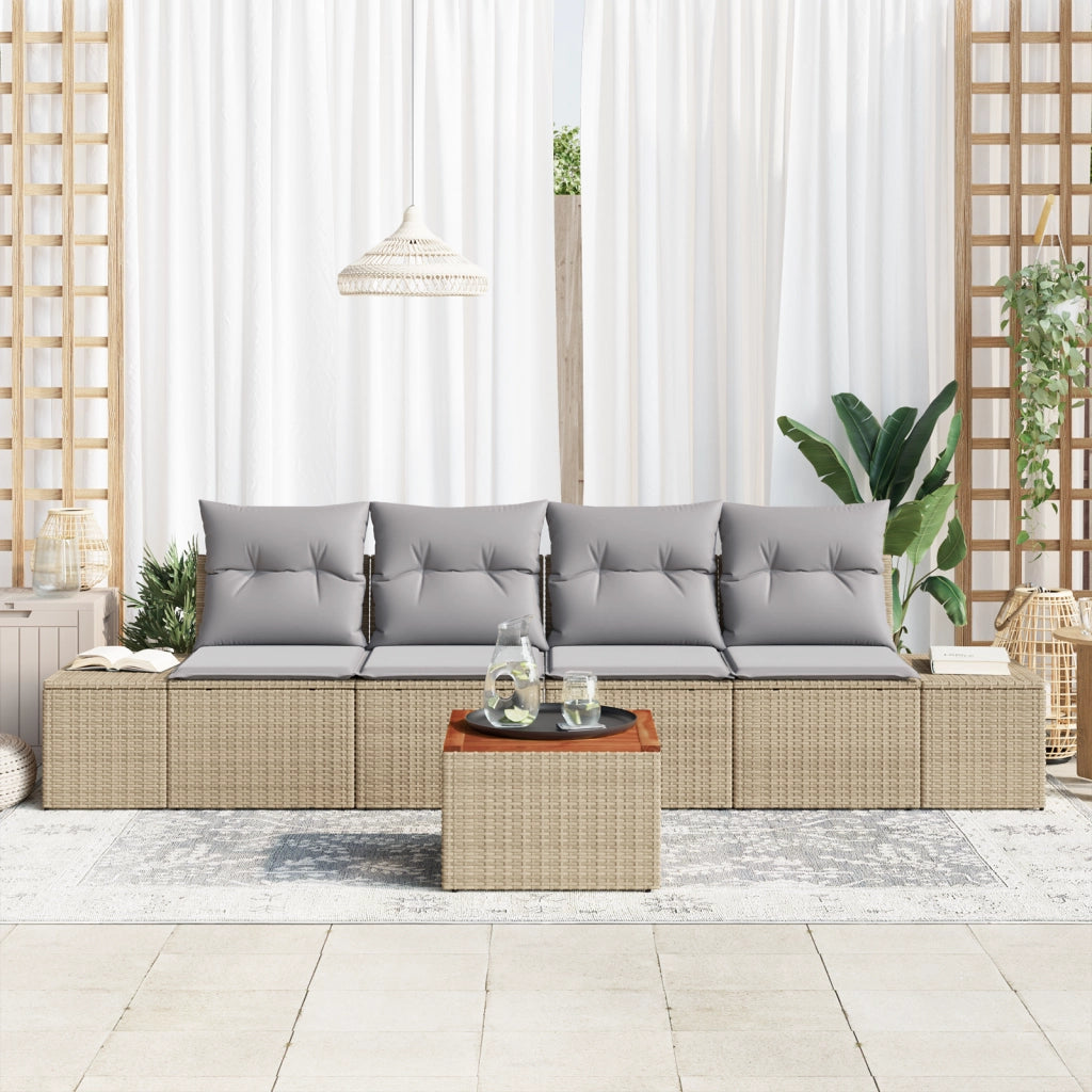 Set Divano da Giardino da 5 Pezzi con Cuscini Beige Polyrattan Acacia