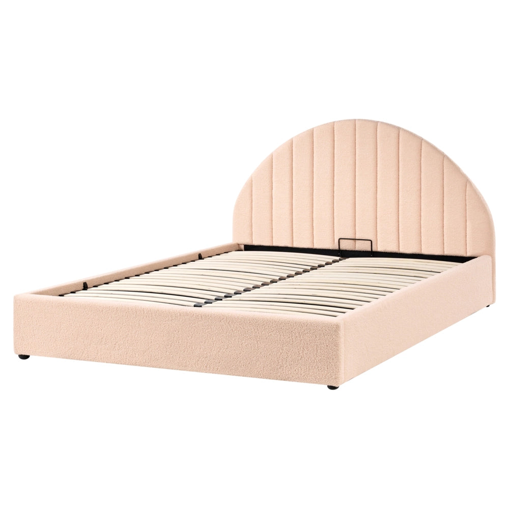 Letto minimalista con contenitore 160 x 200 cm in bouclé stile moderno con testiera rosa pesca