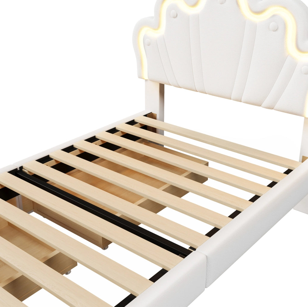 Letto per bambini 90x200 cm con 2 cassetti; LED; testiera regolabile; PU bianco