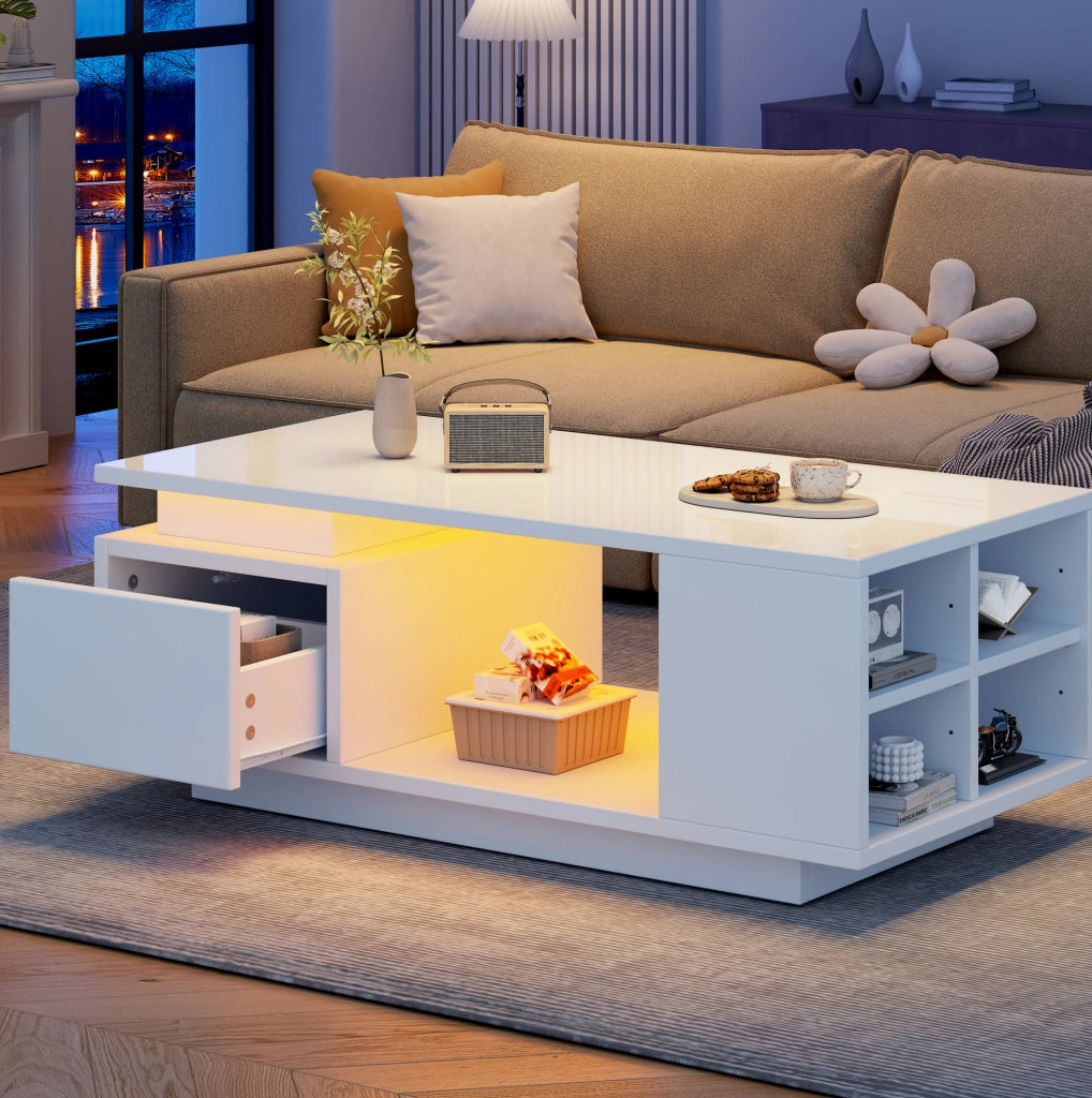 Tavolino da caffè 100x50x36 cm con cassetto; LED e finitura lucida; bianco