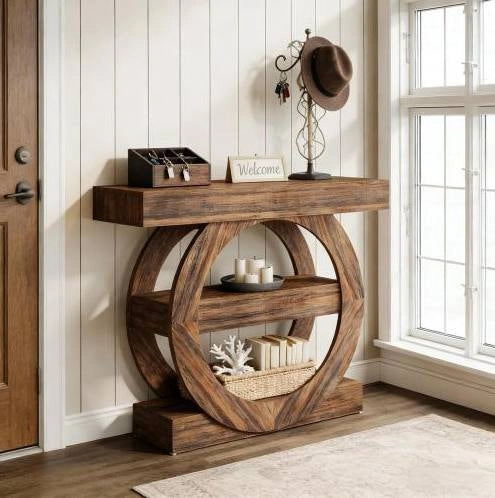 Tavolo consolle rustico a 3 ripiani in legno, 105 cm
