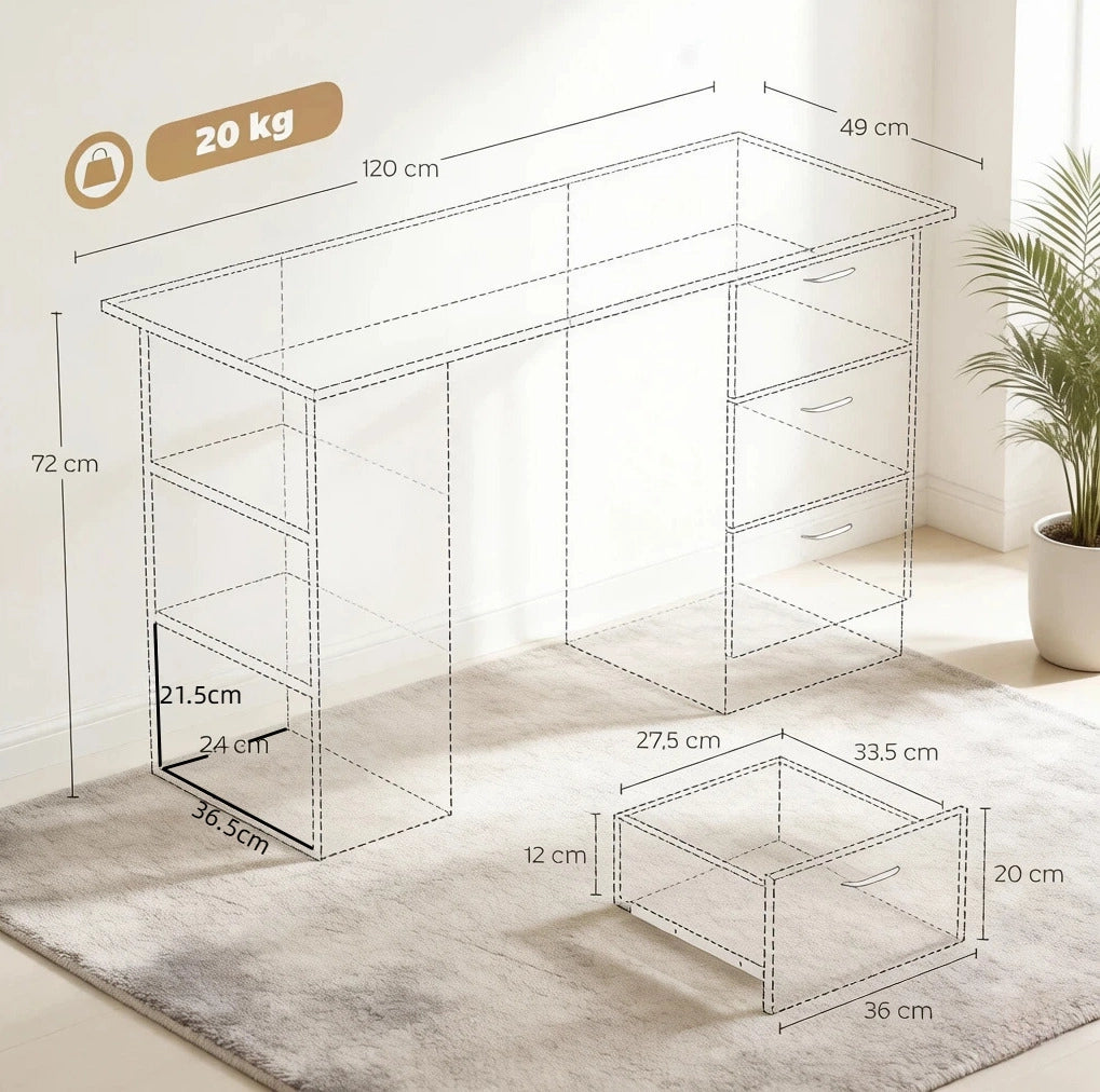 Scrivania per computer nera in MDF 120 x 49 cm con 3 cassetti e 3 ripiani