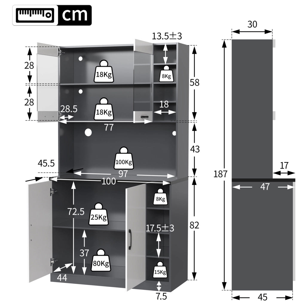 Credenza da cucina con LED, vano microonde e ripiani regolabili