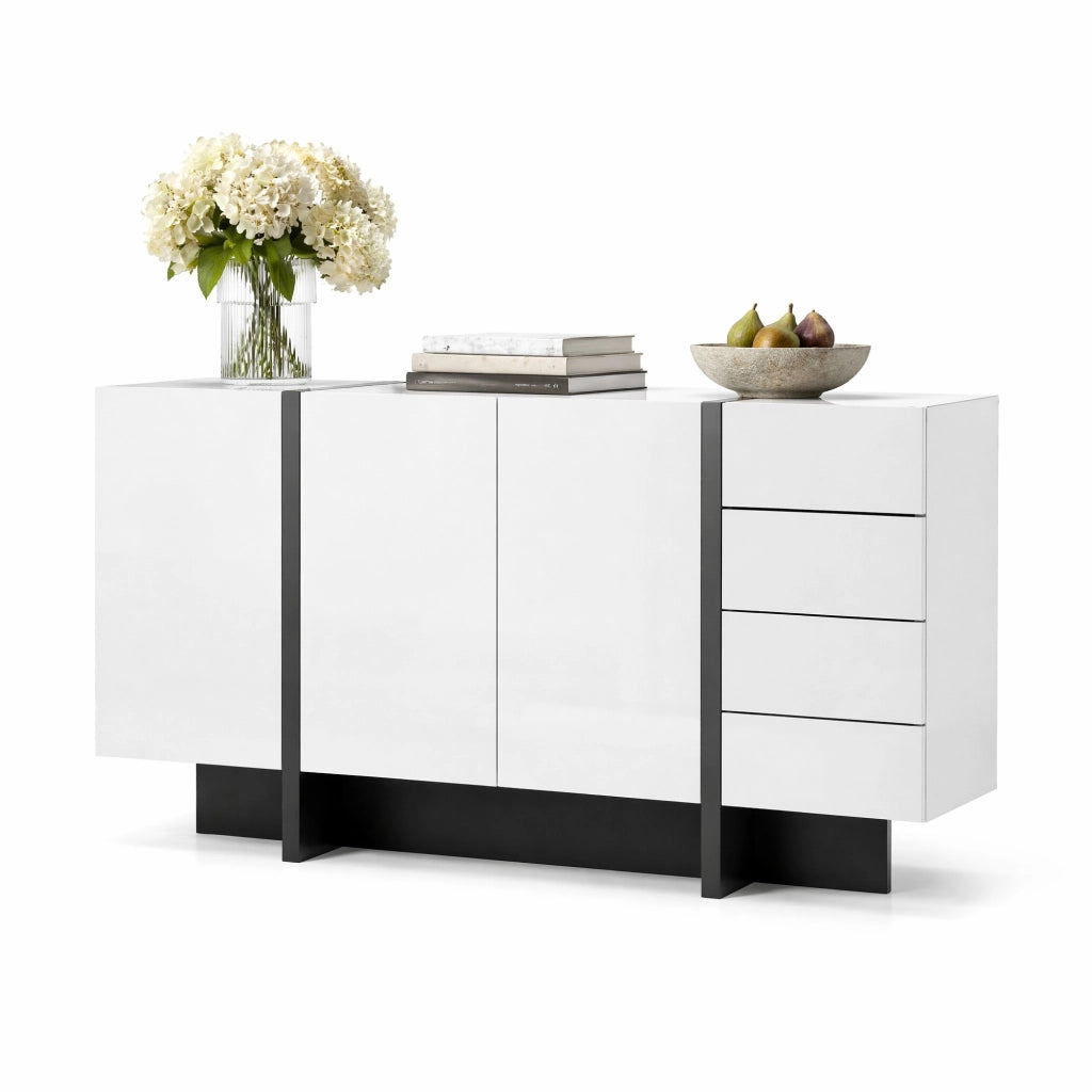 Sideboard moderno bianco lucido 150 cm con 2 ante e 4 cassetti; in MDF e truciolare; bianco nero
